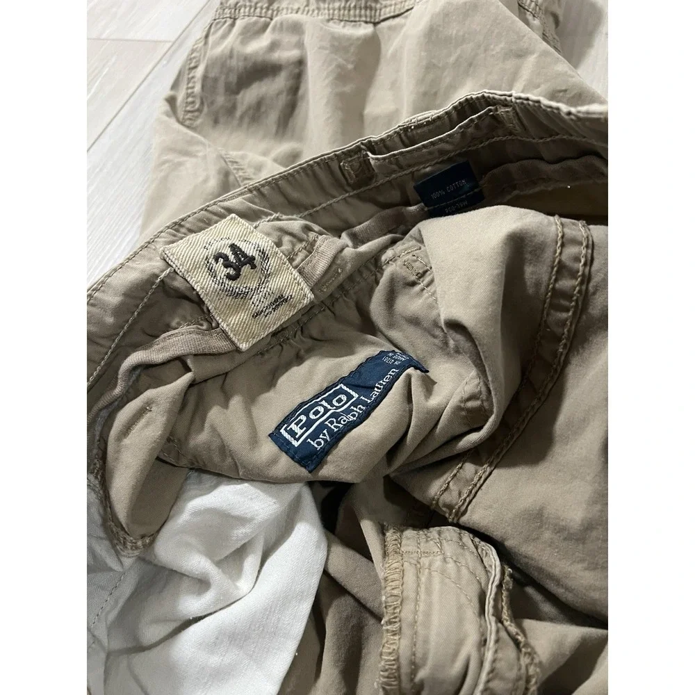 Vintage Polo Ralph Lauren Pants Mens Size 34 Tan Khaki Multi Pocket Cargo